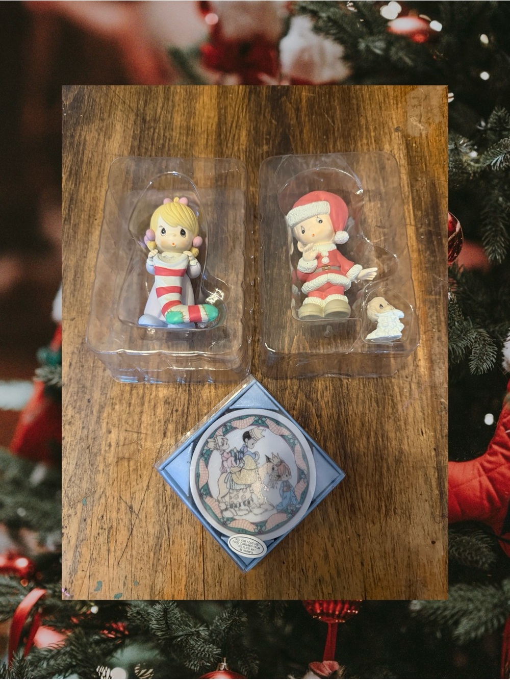 3 Vintage 1990s Enesco Precious Moments Boy & Girl Christmas Figurines & Plate